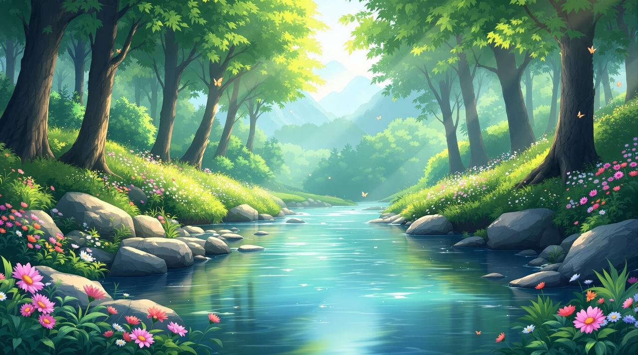 漫剧合集治愈剧场自然风光背景 漫剧合集 - 清澈甘甜的治愈剧场,山间清泉流淌在绿意盎然的森林中,晨光洒落,温暖治愈
